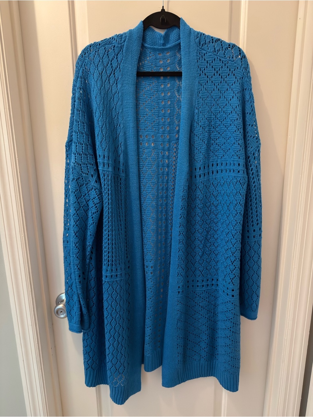 Open-Front Pointelle Knit Cardigan - Turquoise Blue
